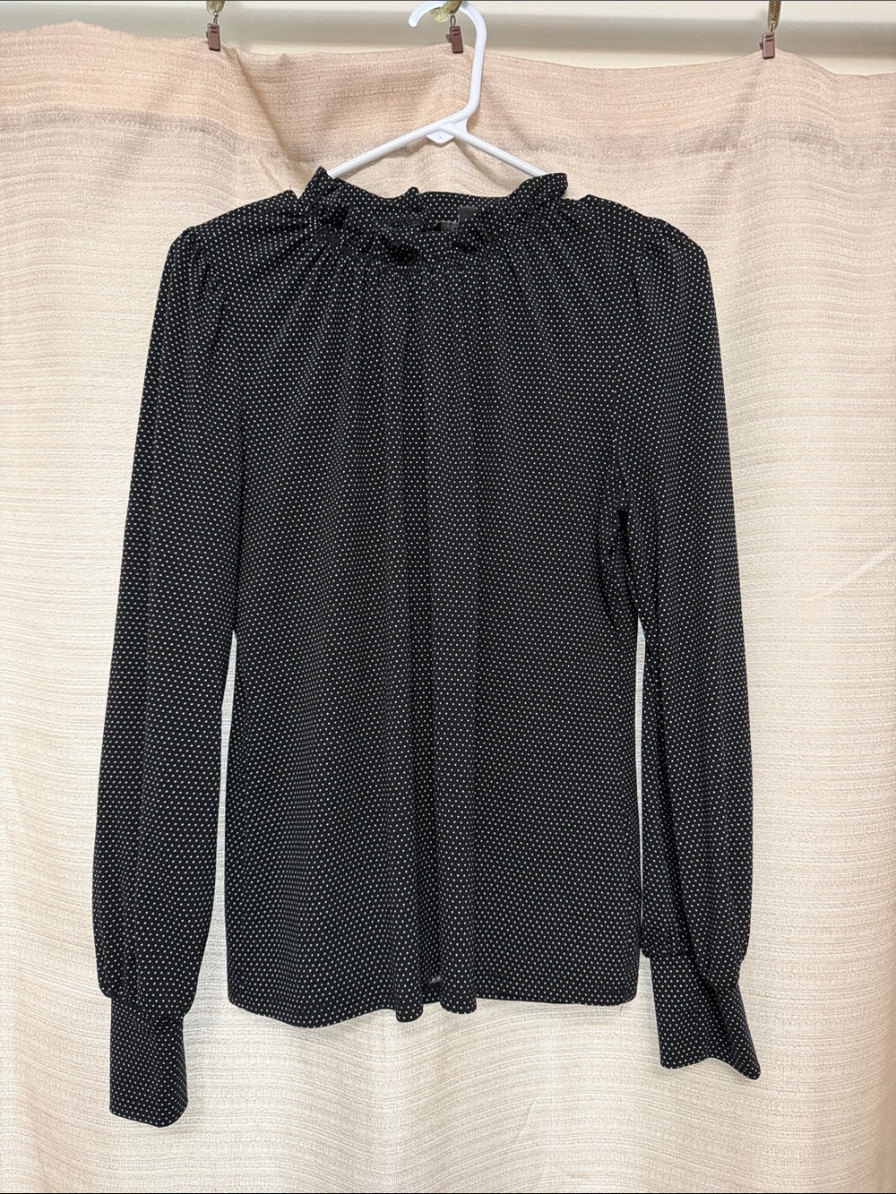 Adrianna Papell Black Top with White Micro Polka Dots and Ruffle Neck